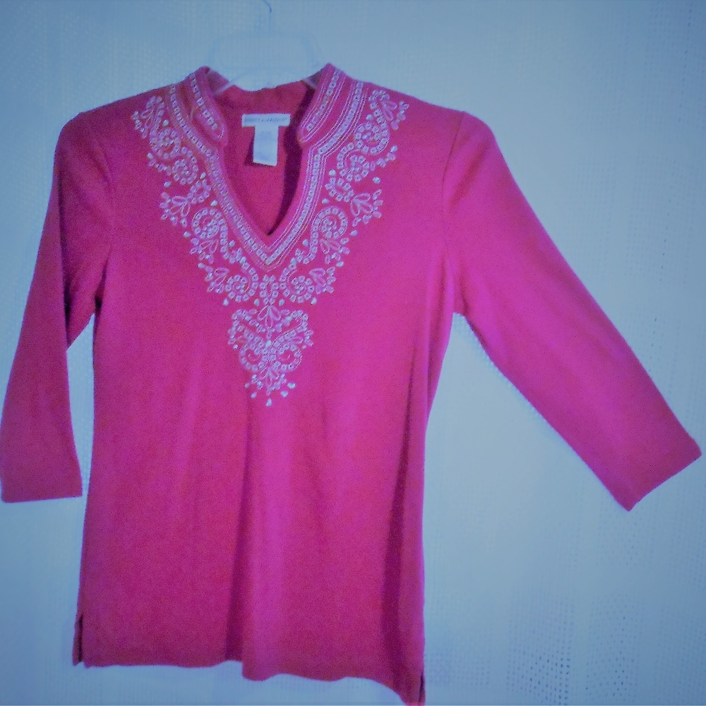 Embroideried and Jeweled V Neck Knit Top